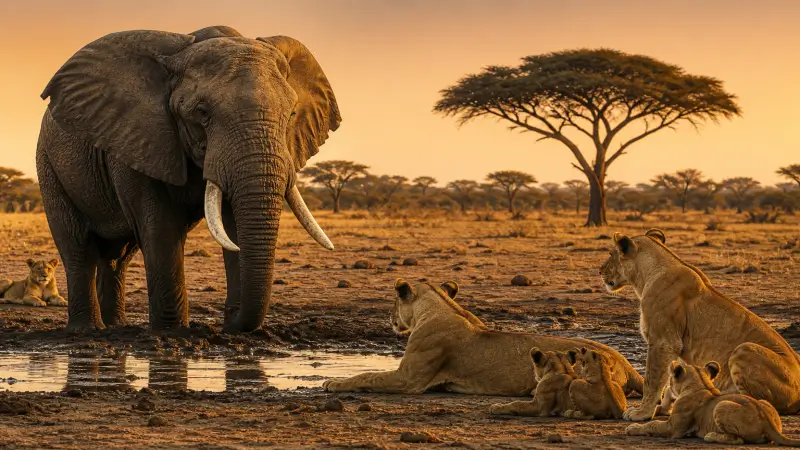 Composite showing Masai Mara lion pride left and Amboseli elephant