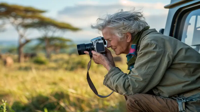 Safari guest using camera at sunset over Masai Mara plains